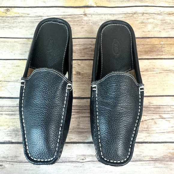 Tod's Womens Black Pebbled Leather Square Toe Slip On Mule Driving Shoes 40/9 - Picture 3 of 9
